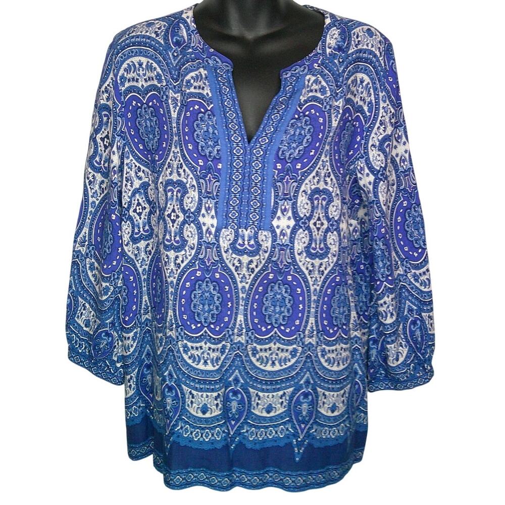 Talbot's Blue Paisley Women's Med Long Sleeve V-Neck Tunic Blouse